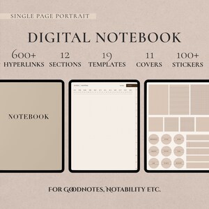Boho Portrait Digital Notebook, Hyperlinked Tabs, Note Templates for iPad GoodNotes Notability Notebook, Digital Notetaking, Bonus stickers