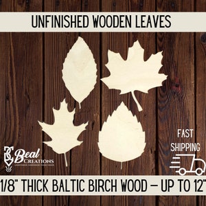 May include: Four unfinished wooden leaves in various shapes, including maple, oak, and birch, made from 1/8 inch thick Baltic birch wood. The leaves are up to 12 inches in size.