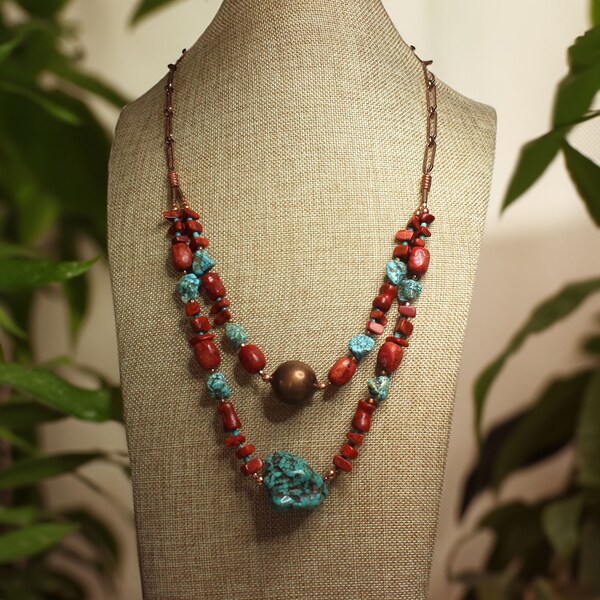 Turquoise Coral and Copper Two Tiered Necklace