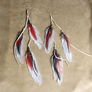Native Feather Earrings – Handmade Long Earrings – Tribal Festival Jewelry – White Red and Black Feathers – Lightweight Statement Earrings