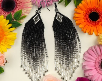 Black & White Ombre Fringe Seed Bead Earrings Perfect for Gift or To Keep