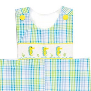 SEAHORSE-ING AROUND Hand-Smocked Jon Jon | Smocked Shortall | Smocked Seahorse |Under the Sea | Baby Boy&#39;s Outfit