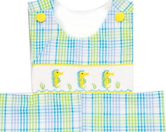 SEAHORSE-ING AROUND Hand-Smocked Jon Jon | Smocked Shortall | Smocked Seahorse |Under the Sea | Baby Boy's Outfit