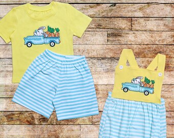 EASTER BUNNY Carrot TRUCK Boys Outfit | Baby Bubble Toddler Shorts Set | Appliquéd Easter Outfit for Boys | First Easter | Sibling Matching