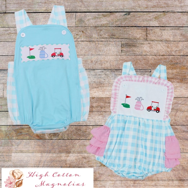 GOLF BABIES Embroidered Girl and Boy Bubble Rompers | Baby Masters Golf Outfit | Girl Golf Outfit | Boy Golf Outfit | Golf Sibling Set