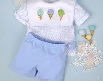 ICE CREAM TREAT Hand-Smocked French Knot Boy's Shorts Set | Boy Birthday Outfit | Baby Boy Outfit | Sibling Set