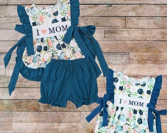 Floral I LOVE MOM Embroidered Outfits | Baby Outfit | Toddler Outfit | Mother's Birthday Outfit | Best Mom | Gift for Mom | Sibling Set