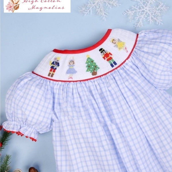 THE NUTCRACKER Hand-Smocked Girl's Bishop Bubble | Nutcracker Smocked Dress | Santa Pictures | Christmas Eve Service | Sibling Match