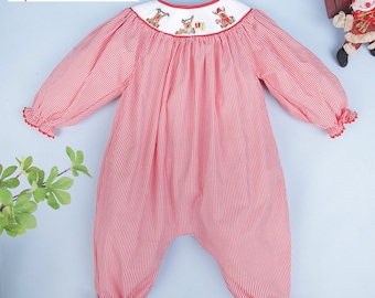RUDOLPH the Red-Nosed REINDEER Hand-Smocked Girl's Bubble | Santa Smocked Outfit | Santa Pictures | Family Christmas Match