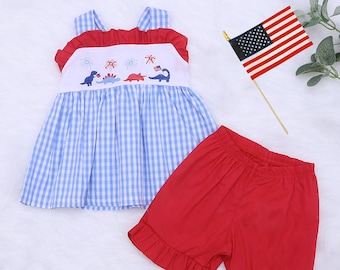 FIREWORKS & DINOS Embroidered Girl's Shorts Set | Baby Girl | 4th of July Outfit | Independence Day Outfit | Patriotic Pride