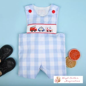 FIRST RESPONDERS Hand-Smocked Boy&#39;s Shortall | Firefighter | Fireman | Fire Truck |  Fire & Rescue | Police | Policeman | Ambulance | EMS