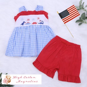 FIREWORKS & DINOS Embroidered Girl&#39;s Shorts Set | Baby Girl | 4th of July Outfit | Independence Day Outfit | Patriotic Pride