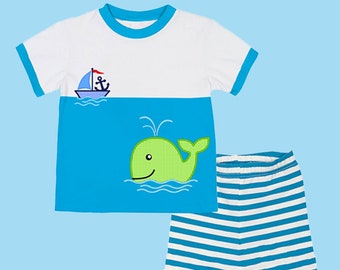 A WHALE Of A TALE Appliquéd Boy's Shorts Set | Nautical Embroidered Shirt | Whale | Sailboat | Vacation outfit | Cruise outfit | Boy beach
