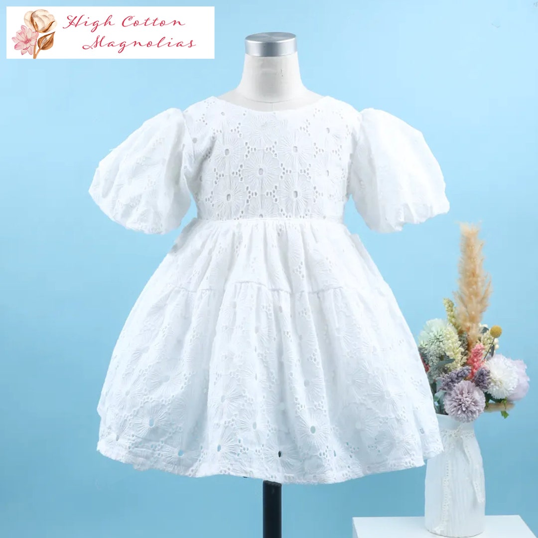Baby Girl White Cotton Dress with Eyelet Embroidery – Long Sleeve Toddler Dress