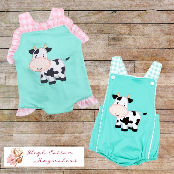 BABY MOO COWS: Appliquéd Baby Rompers | Cow Outfit | Sibling Match | Brother Sister Match