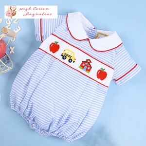 Bailey Boys Baby / Toddler Smocked Back to School Longall - Blue with Smocked Crayons & Apples