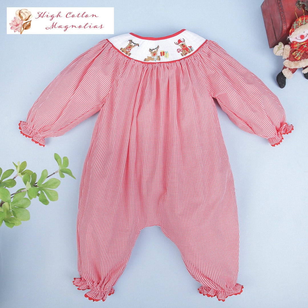 MAGNOLIA BABY - Boys Rudolph & Santa Smocked Footie - Red main image 1