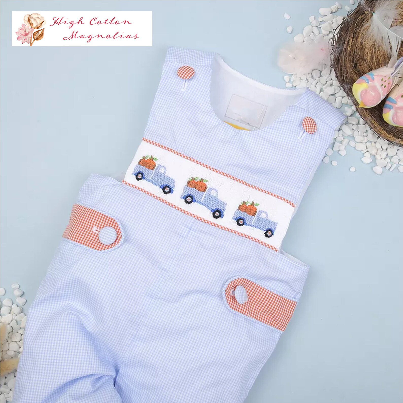 Petit Bebe Boys Blue Jon Jon - Smocked Pumpkins Truck