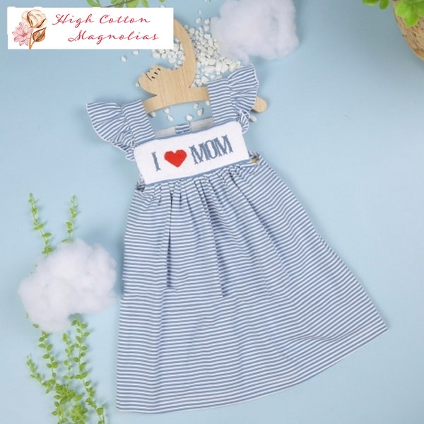 I LOVE MOM Hand-Smocked Dress | Baby Dress | Mother's Day Outfit | Happy Mother's Day | Best Mom | Gift for Mom | Sibling Set