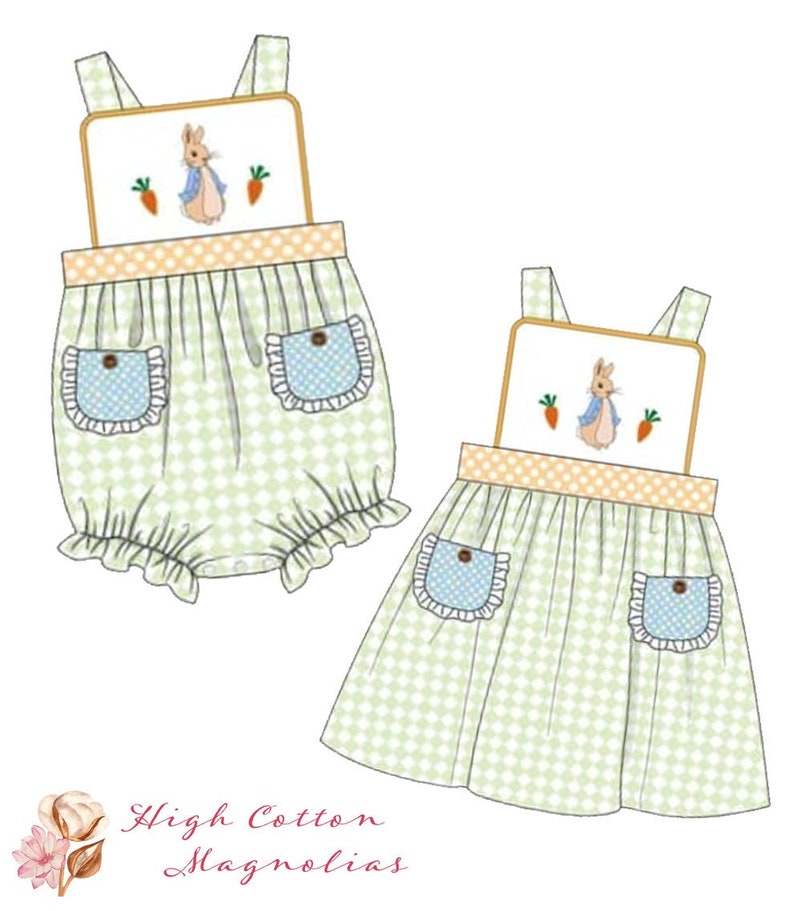 Peut inclure: Une tenue de b&eacute;b&eacute; en vichy vert et blanc avec une broderie de Lapin de P&acirc;ques sur le corsage. La tenue est disponible en barboteuse et en robe.