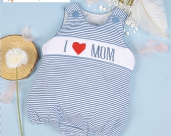 Boy's Hand-Smocked Bubble Romper | I Love Mom Outfit