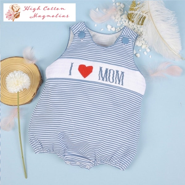 Boy's I LOVE MOM Hand-Smocked Bubble | Toddler Outfit | Mother's Day Outfit | Happy Mother's Day | Best Mom | Gift for Mom | Sibling Set