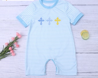 AMAZING GRACE Boy's Embroidered Cross Baby Romper | Church Outfit | Easter Outfit | Easter Sunday | Easter Egg Hunt | Baby Easter Outfit