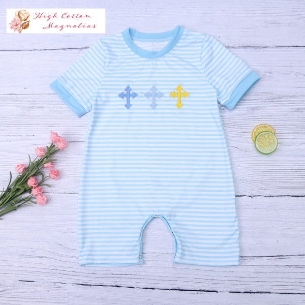 AMAZING GRACE Boy's Embroidered Cross Baby Romper | Church Outfit | Easter Outfit | Easter Sunday | Easter Egg Hunt | Baby Easter Outfit