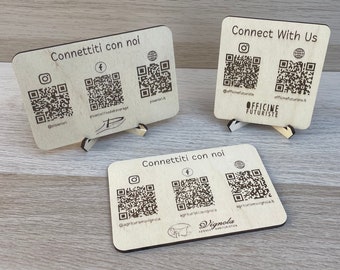QR codes engraved on wood, scan for social (instagram, facebook, tiktok, etc..), menus, payments, with stand included