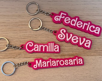 Portachiavi personalizzato stile Barbie - Colori rosa e bianco, testo con il tuo nome, ideale per zaino, borsa, chiavi auto. Custom Tag.