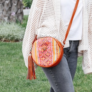 Hmong Embroidered Moon Crossbody Bag, Hmong Fabric Leather Round Bag, Hmong Gift for Moms, Hmong Gift for Wife, Hmong Modern Bag