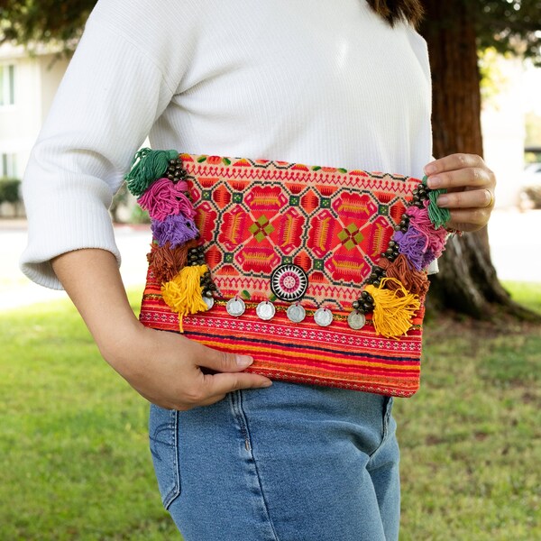Colorful Hmong and Laos Embroidered Clutch, Handmade Hmong Laos Inspired Modern Bag, Gifts for Mom, Gift for Sisters, Christmas Gifts