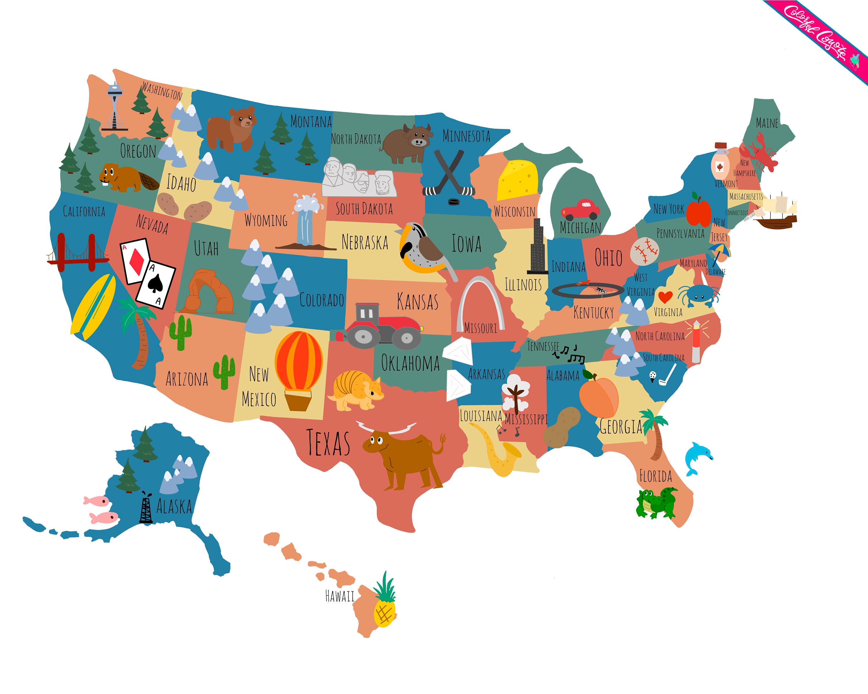 Usa Illustrated Map Digital Download Etsy