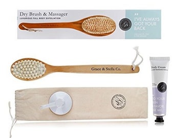 Grace n Stella 2-in-1 Dry Brush and Massager Luxurious Full Body Exfoliation with Travel Size Lotion, Travel Cotton Bag, and Shower Hook