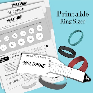 May include: Printable ring sizer with instructions and ring size chart. Includes a ruler for measuring ring size, and three rings in teal, black, and red. The Wildfire logo is visible on the printed materials.
