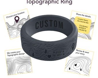 Wildfire Ring Custom Topographic Silicone Ring, Custom Topo Map and Route Design Engraved Ring, Topographical Band, Men's Outdoor Rings