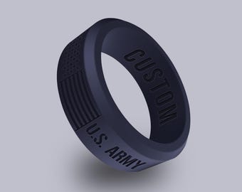 Wildfire Ring USA Army Flag Personalized Silicone Beveled Ring Engraved for Men and Women, USA Flag Pattern Ring, Military Rubber Ring