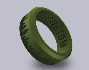 Wildfire Ring Forest Tree Personalized Silicone Beveled Ring Engraved for Men and Women, Nature Lover, Tree Hugger Wedding Band for Couple