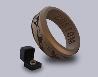 Wildfire Ring Mountain Personalized Silicone Beveled Ring Engraved for Men and Women with Ring Box, Athletic Wedding Band for Couple