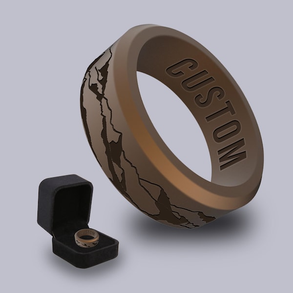 Wildfire Ring Mountain Personalized Silicone Beveled Ring Engraved for Men and Women with Ring Box, Athletic Wedding Band for Couple