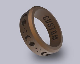 Wildfire Ring Sun Moon Star Personalized Silicone Beveled Ring Engraved for Men and Women, Celestial Ring, Galaxy Inspired Ring