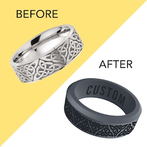May include: A before and after image of a silver ring with a Celtic knot design. The ring on the left is a traditional metal ring. The ring on the right is a black silicone ring with the same design.
