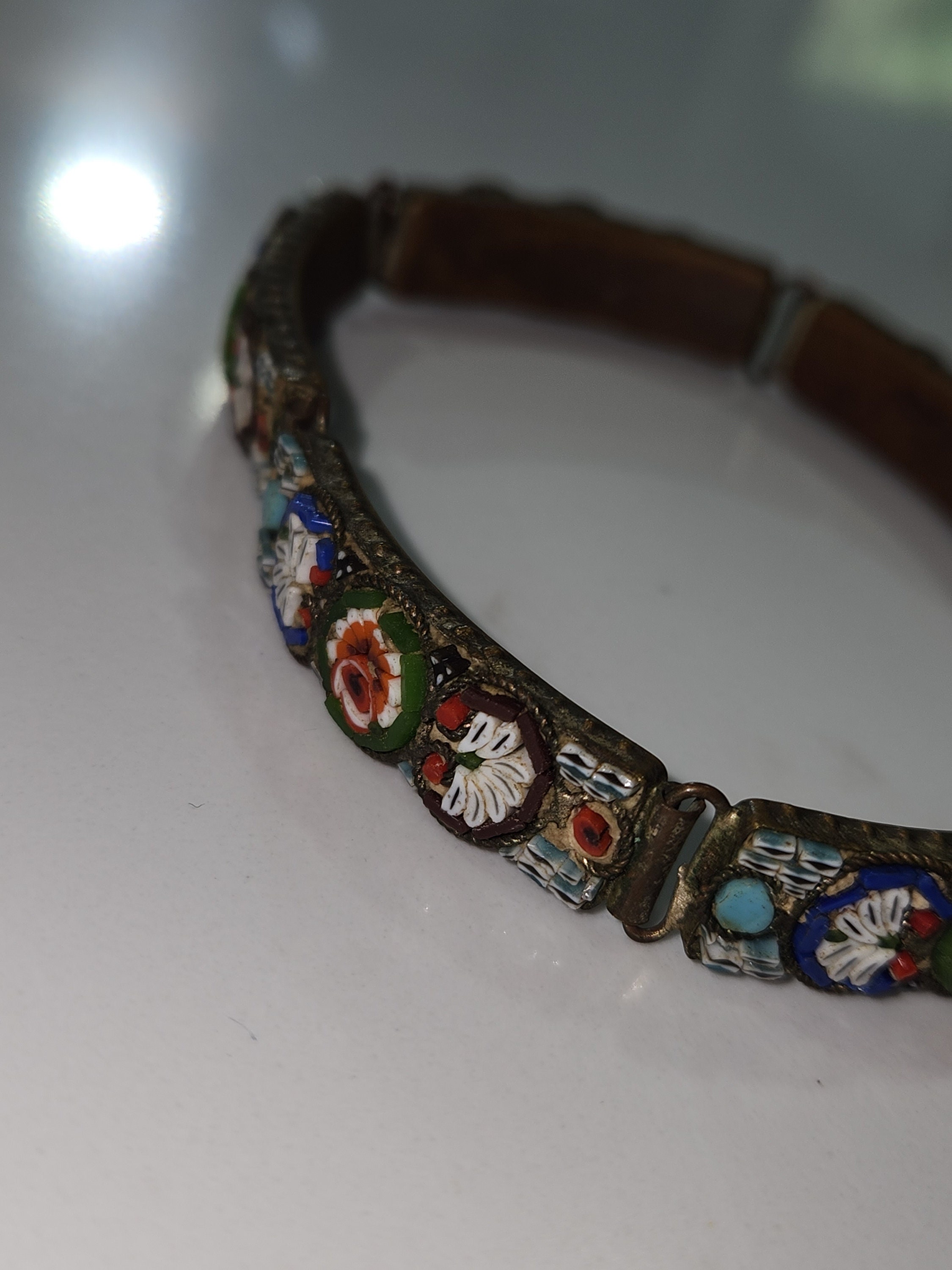 Bracelet Victorien En Micro-mosaïque Florale Multicolore - 5 Panneaux, Longueur 19,1 Cm, Italie