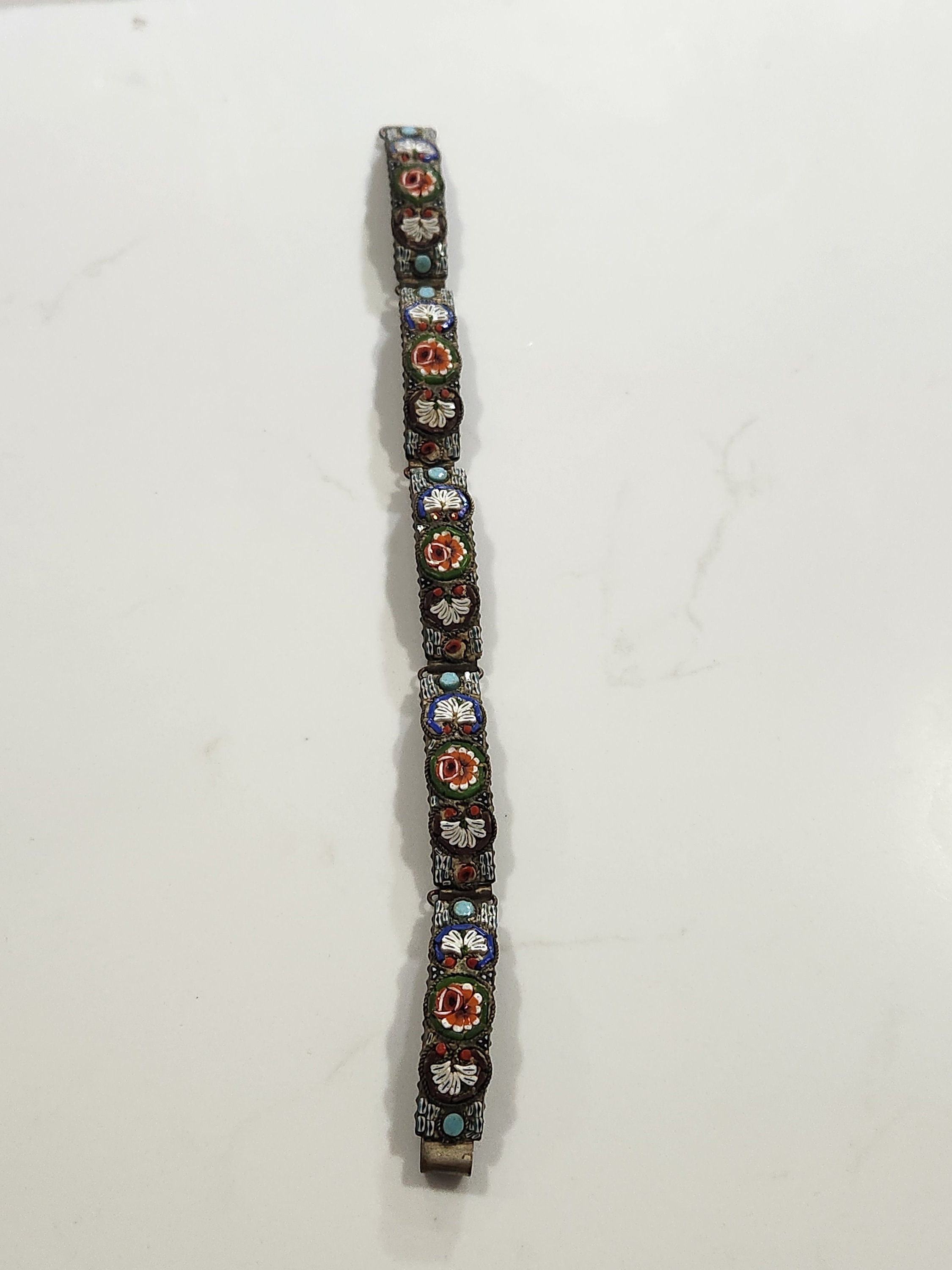 Bracelet Victorien Micro Mosaïque Floral Multicolore - 5 Panneaux, 19,1 Cm - Italie - Occasion