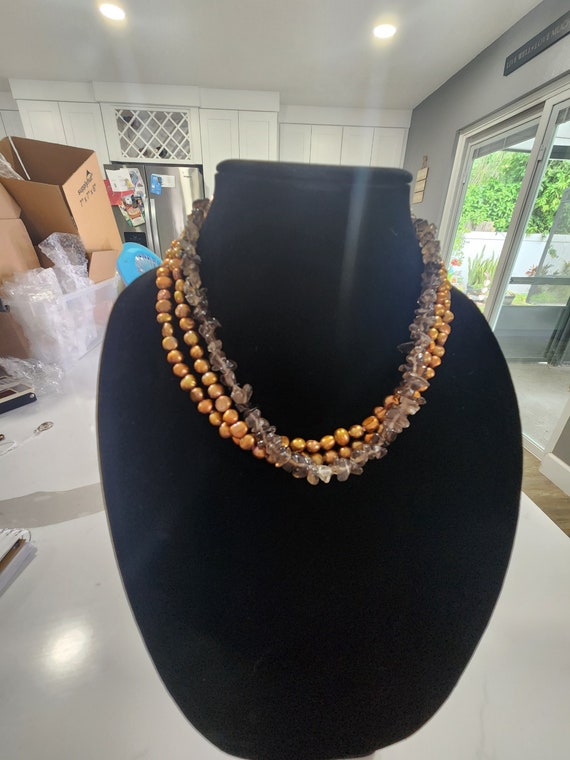 Vintage smoky quartz and copper pearl neckalce