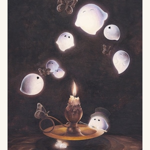 Print: "An Unlit Candle" --- (Bauble, Ghost, Spooky, Adorable Ghost, Halloween, Whimsical Goth, Moths, Candlestick)