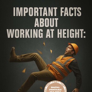 Może przedstawiać: Plakat z napisem "WAŻNE FAKTY O PRACY NA WYSOKOŚCI" i spadającym pracownikiem w sprzęcie ochronnym. Plakat zawiera statystyki bezpieczeństwa i zastrzeżenie, że jest to plik cyfrowy.