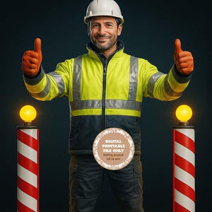 Könnte beinhalten: Ein Bauarbeiter in einer gut sichtbaren Jacke und einem Helm hebt den Daumen. Das Bild zeigt zwei gestreifte Sicherheitsbaken mit Lichtern und den Text "Hohe Sichtbarkeit verhindert Unfälle!" Eine digitale Druckdatei wird beworben.