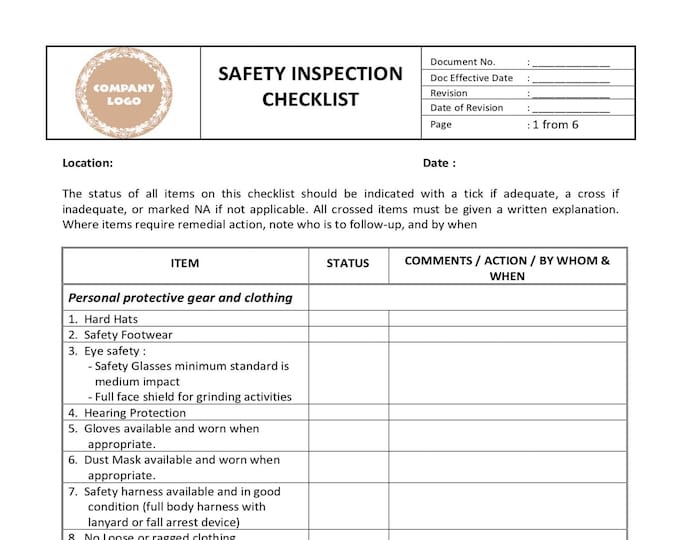 Safety Inspection Checklist Safety Report Safety Checklist Etsy