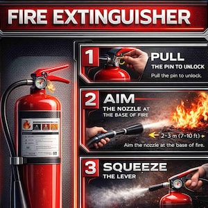 Puede incluir: Extintor de incendios rojo con instrucciones: Tire del pasador, apunte la boquilla a la base del fuego, apriete la palanca y barra de lado a lado. La imagen incluye texto y diagramas de seguridad contra incendios.